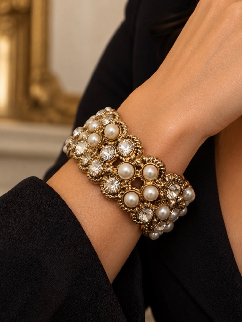 Vintage Gold Tone Faux Pearl & Rhinestone Statement Cuff Bracelet